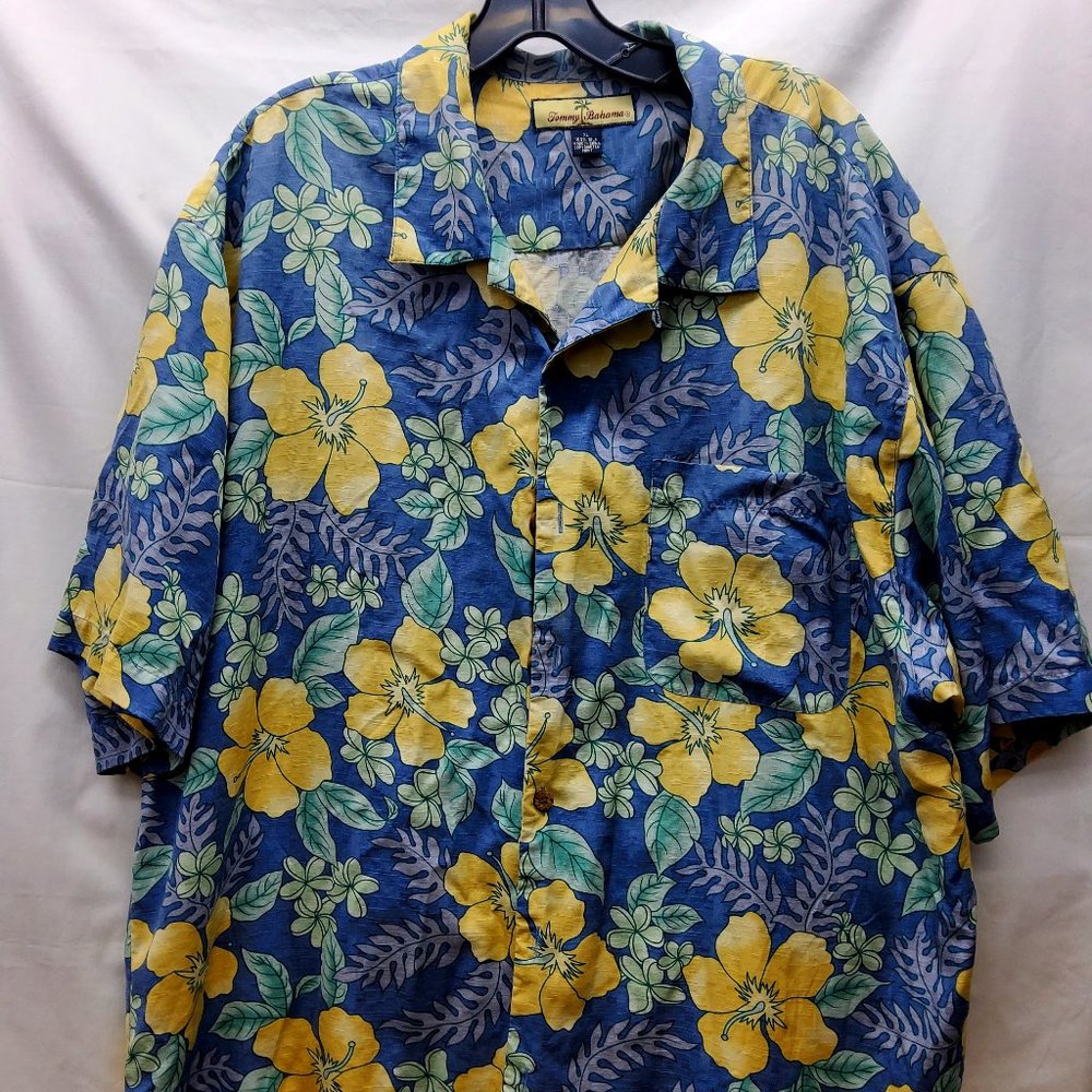 TOMMY BAHAMA 100% SILK TROPICAL YELLOW PRINT HAWAIIAN BUTTON DOWN SIZE XL